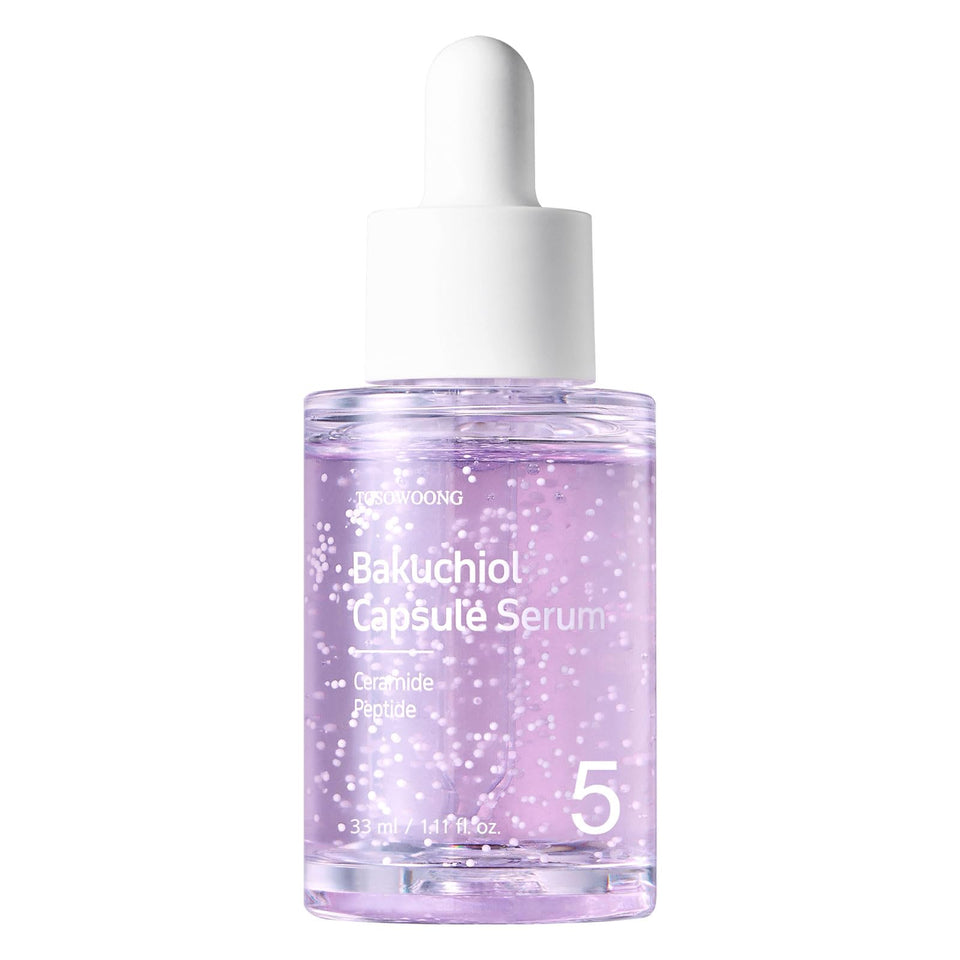 TOSOWOONG Bakuchiol Capsule Serum bottle on a clean vanity for daily routine