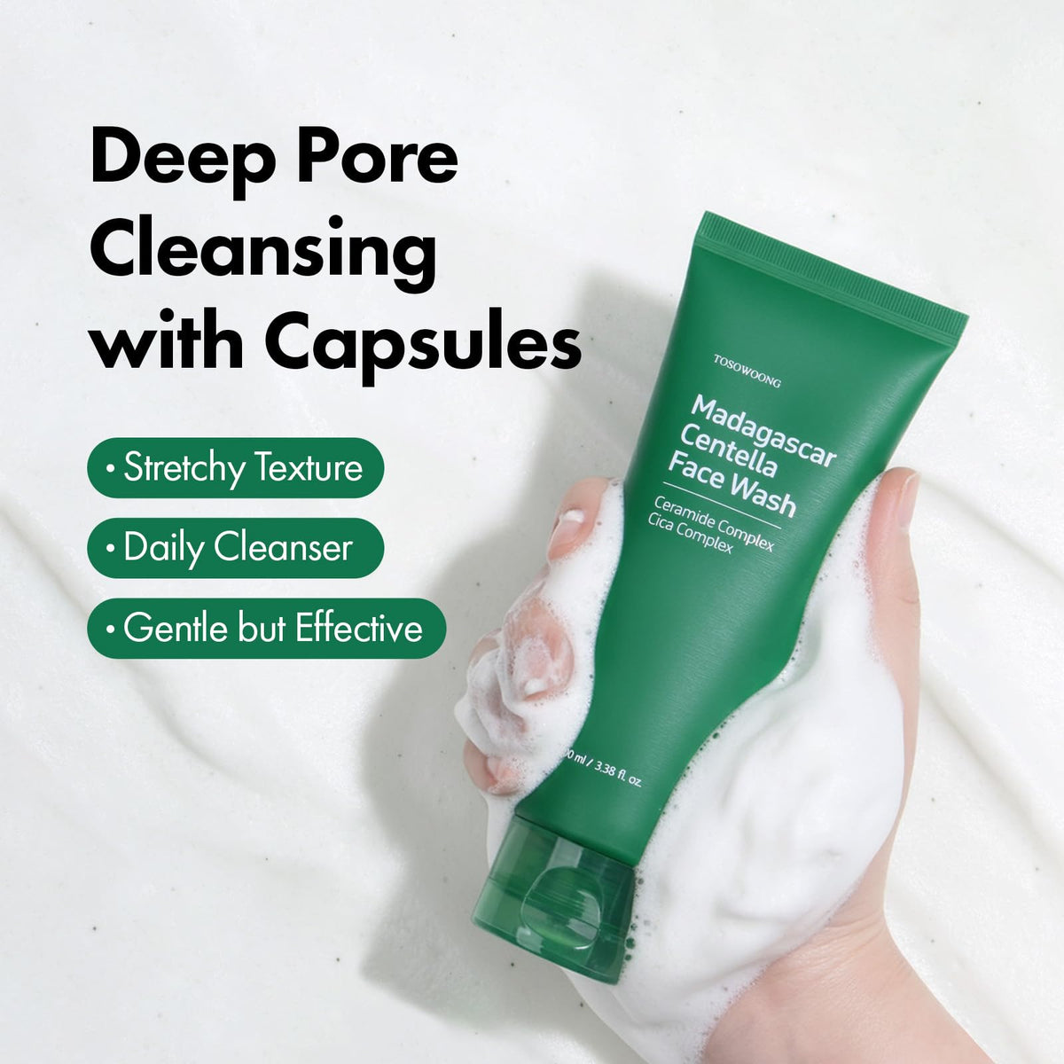 TOSOWOONG face wash deep-cleans without tightness while maintaining moisture.