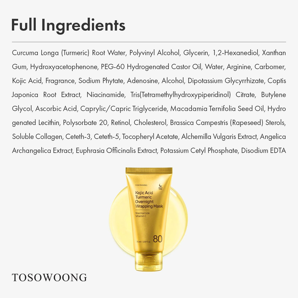 TOSOWOONG Kojic Acid Turmeric Overnight Wrap Mask ingredients panel highlights turmeric and vitamin C.