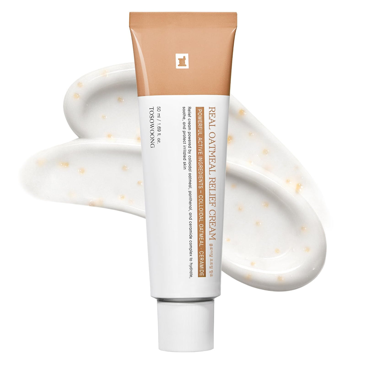 TOSOWOONG Real Oatmeal Relief Cream packaging front, fragrance-free for sensitive skin.