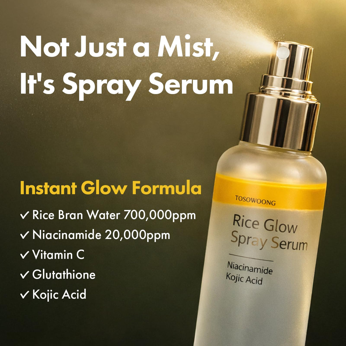 TOSOWOONG Rice Glow Spray Serum spray nozzle delivering a refreshing mist.
