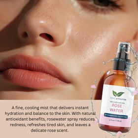 Total Activation rose water packaging emphasizes premium, alcohol-free skincare at home.