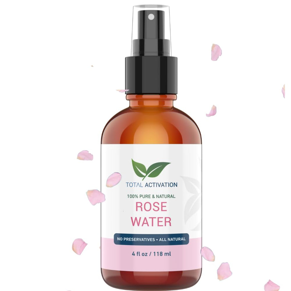 Total Activation Organic Rose Water Spray bottle showcases pure Moroccan rose water for skin hydration.