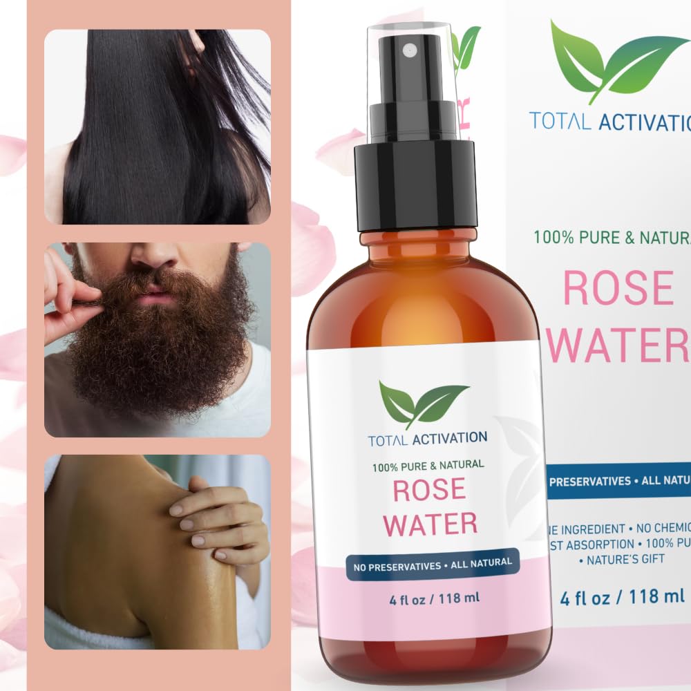 Total Activation Rose Water Spray mist demonstrates refreshing facial hydration and quick pick-me-up.