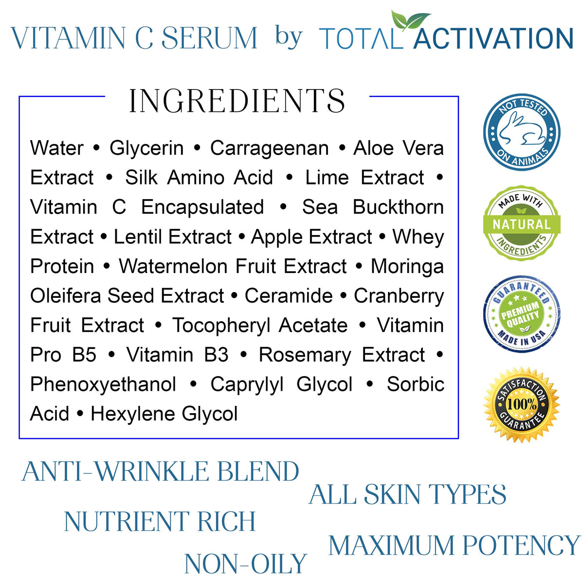Total Activation Vitamin C Serum hydration closeup highlights soft, non-greasy skin after application.