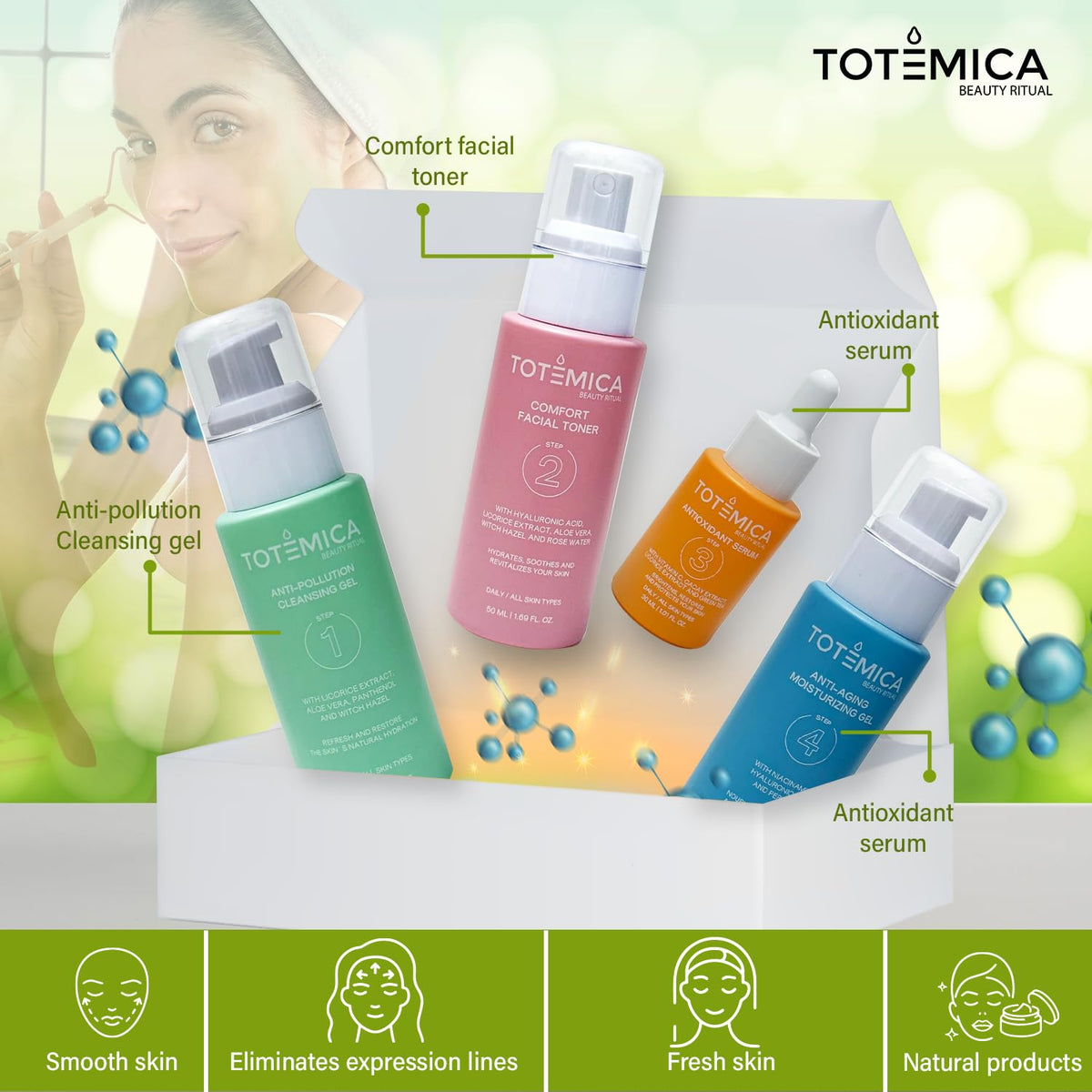 Totemica toner bottle close-up showing pore-toning benefits for even complexion