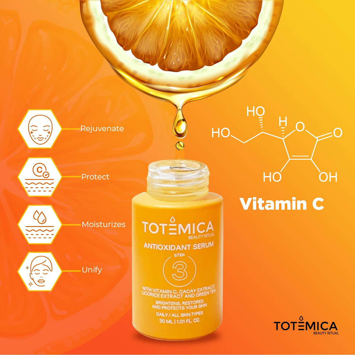 Totemica Vitamin C Serum in-use drops ready for easy application.