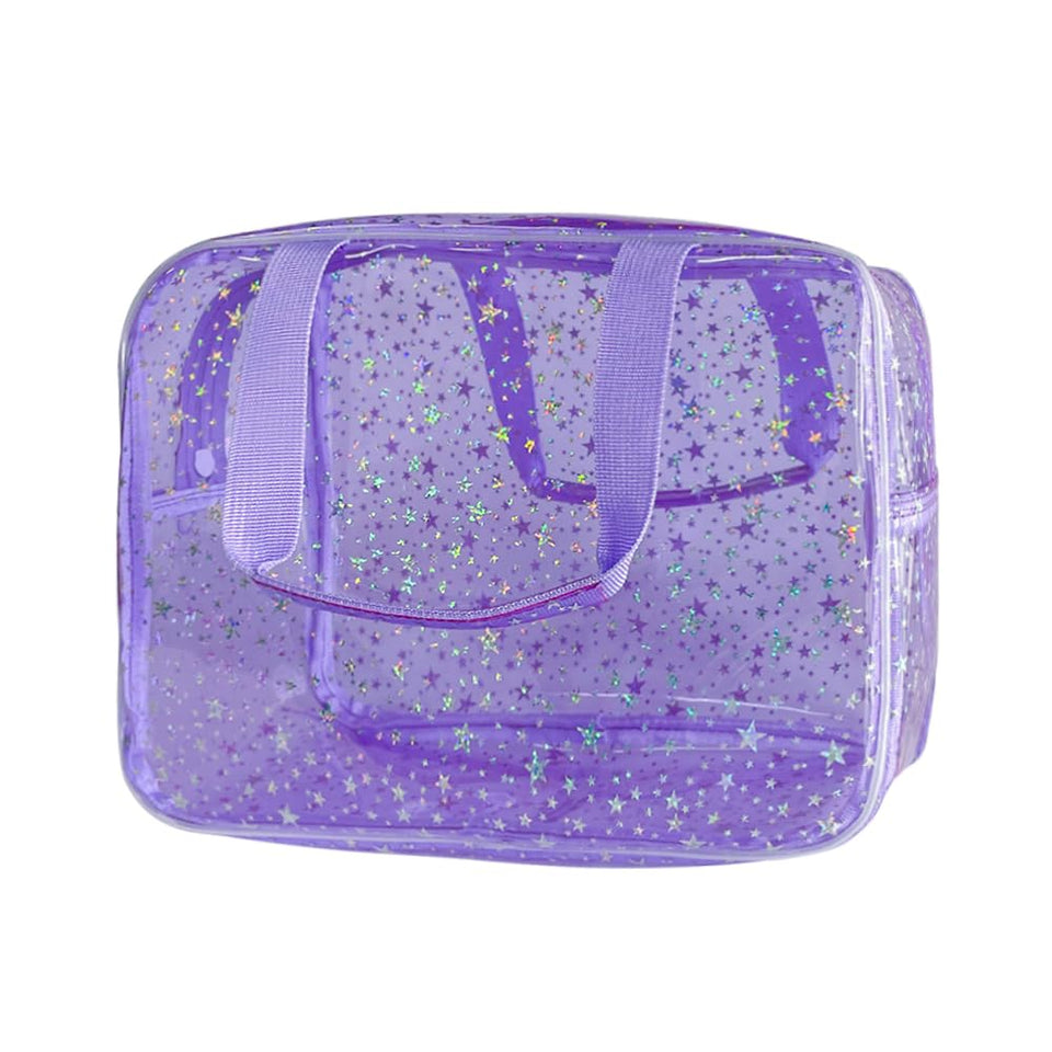 TotepPrint purple clear makeup bag with twinkle-star design, ideal for travel visibility.
