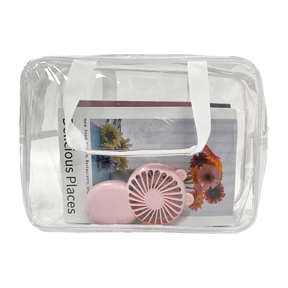 TotePrint Clear Pouch with handle demonstrates easy portability on trips.
