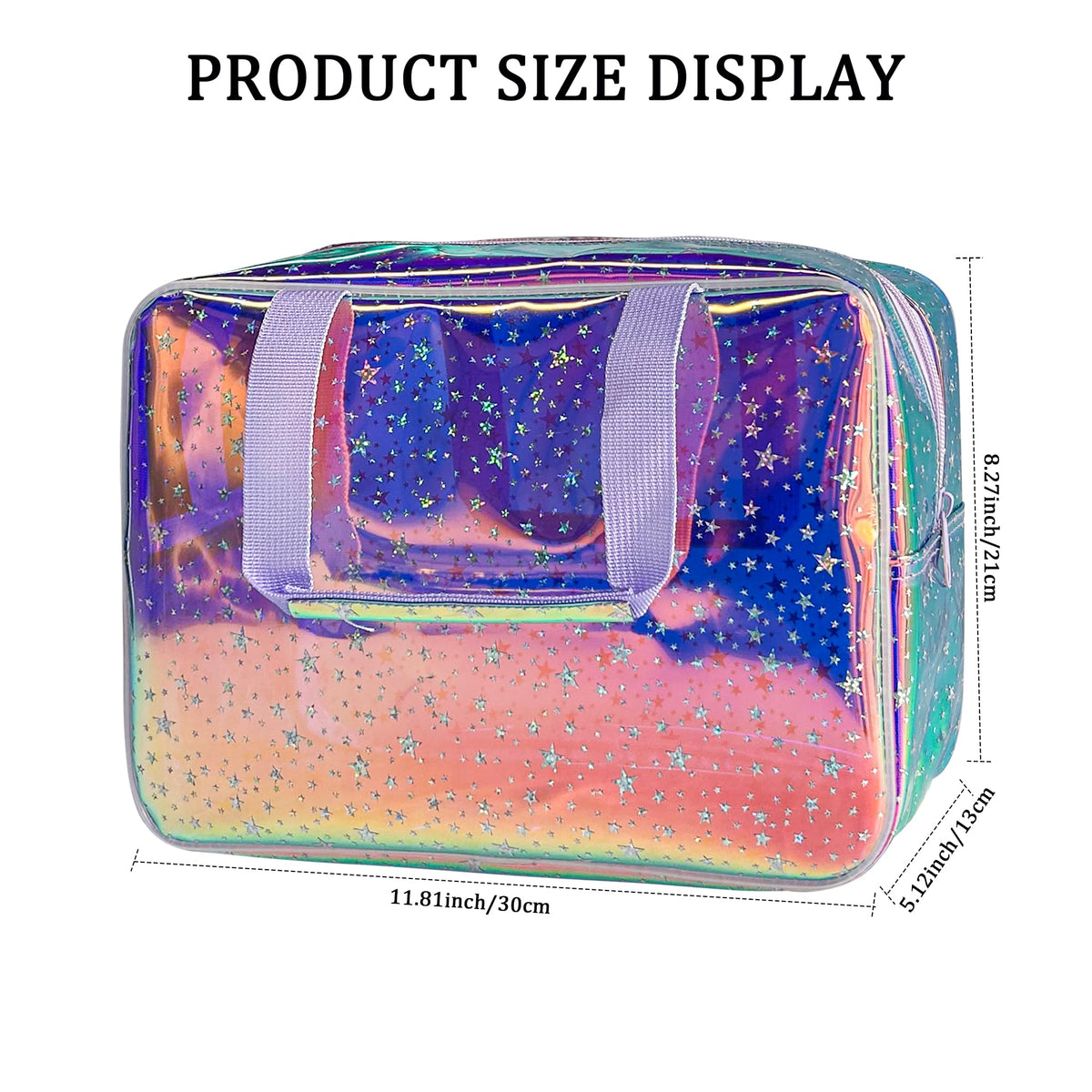 TotePrint purple star clear bag highlights easy visibility for cosmetics on the go.