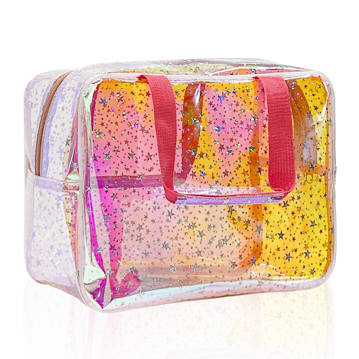 TotePrint TPU holographic pink clear star bag with a sturdy handle for easy transport.