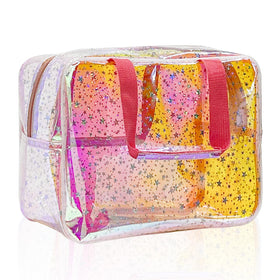 TotePrint TPU holographic pink clear star bag with a sturdy handle for easy transport.