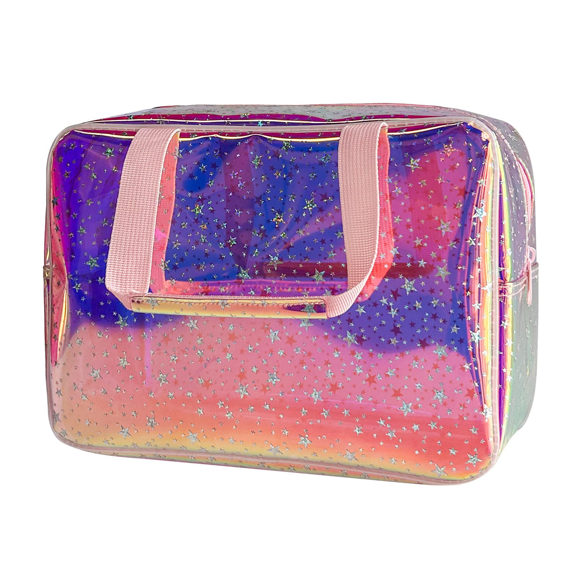 TotePrint TPU holographic pink star cosmetic bag with ample space for makeup and travel items.