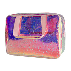 TotePrint TPU holographic pink star cosmetic bag with ample space for makeup and travel items.
