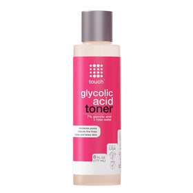 TOUCH 7% glycolic toner bottle pour demonstrates pore refinement for a smoother complexion.