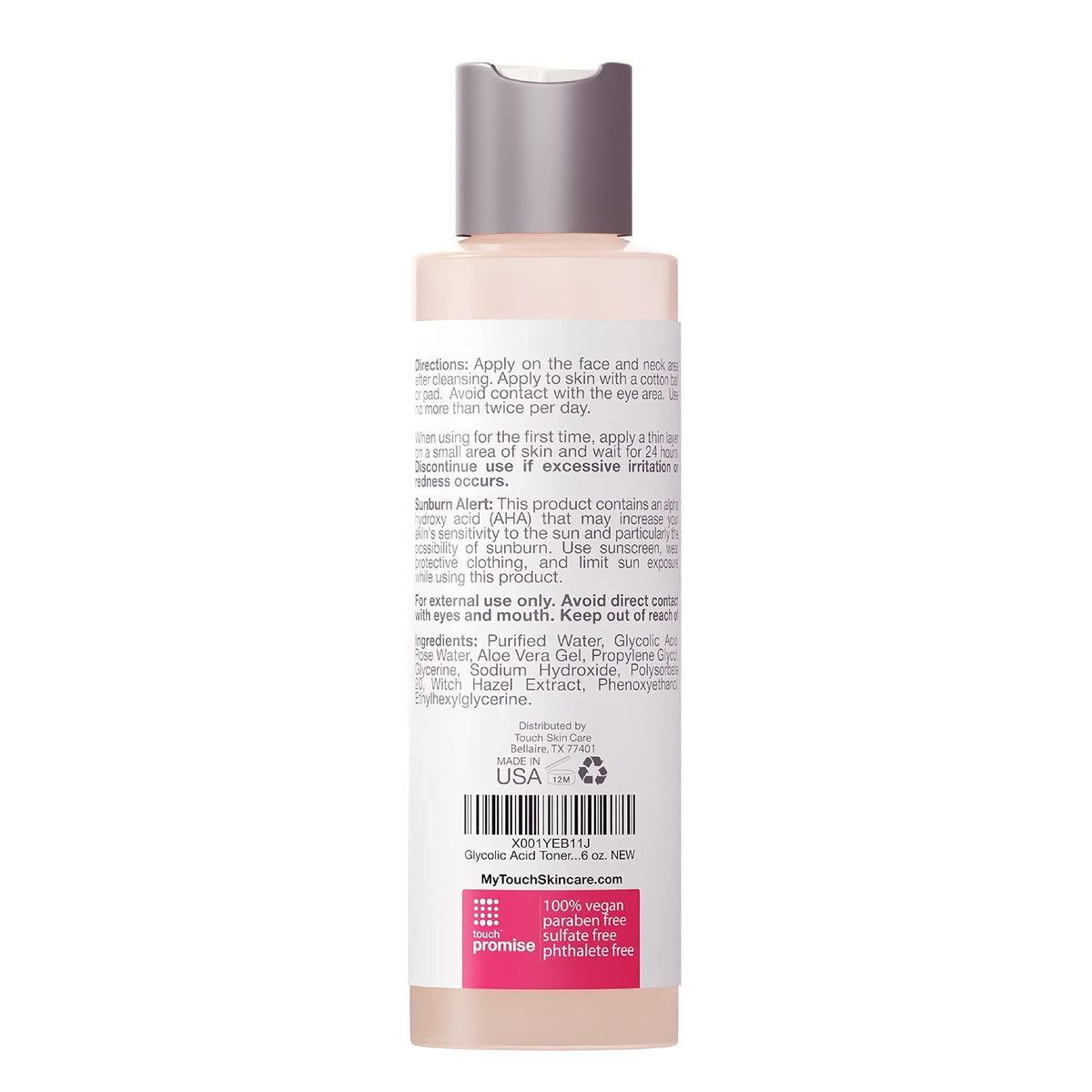 TOUCH alcohol-free toner ingredients panel emphasizes clean, vegan formulation.