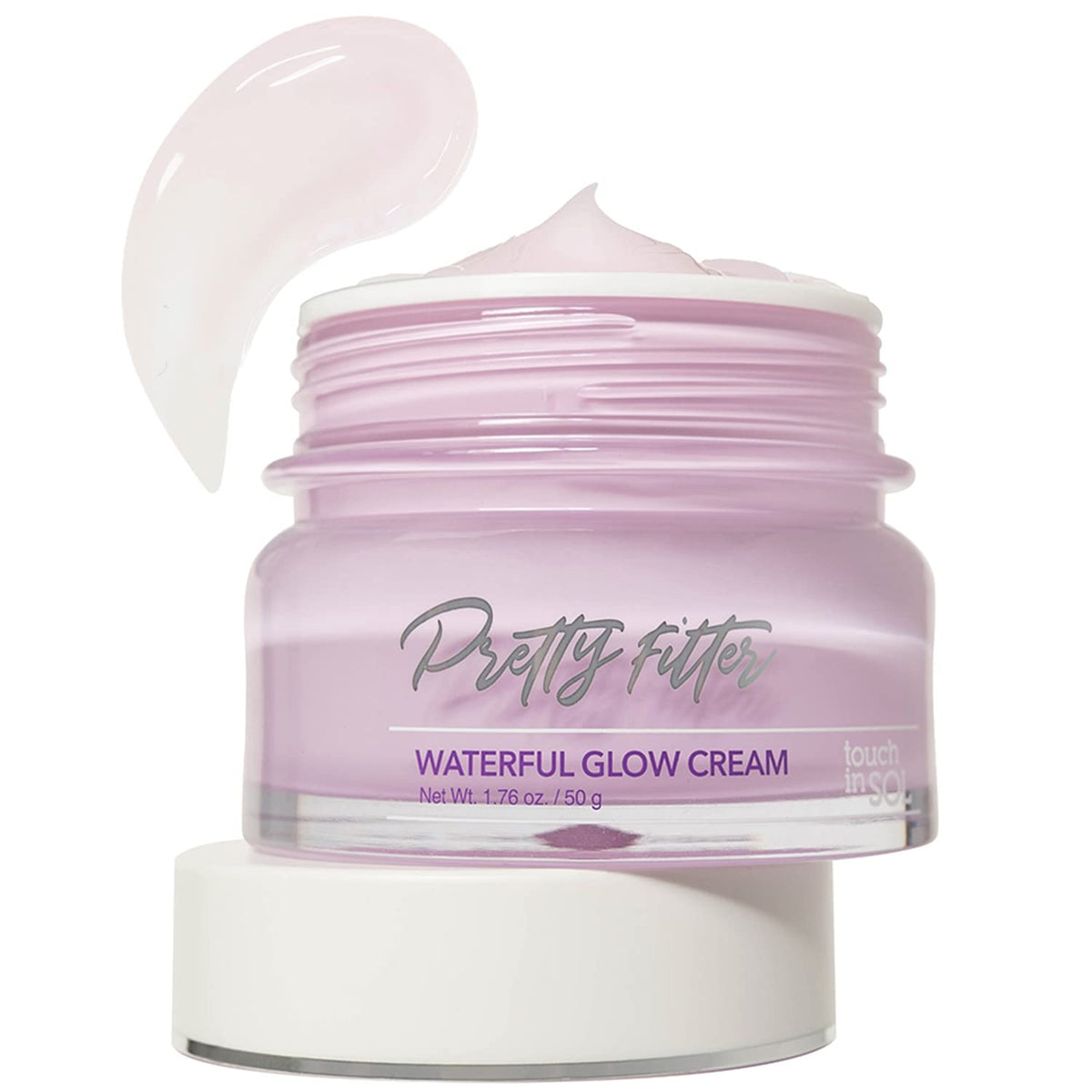 Touch in Sol Pretty Filter Waterful Glow Cream bottle showing lightweight hydration on skin.