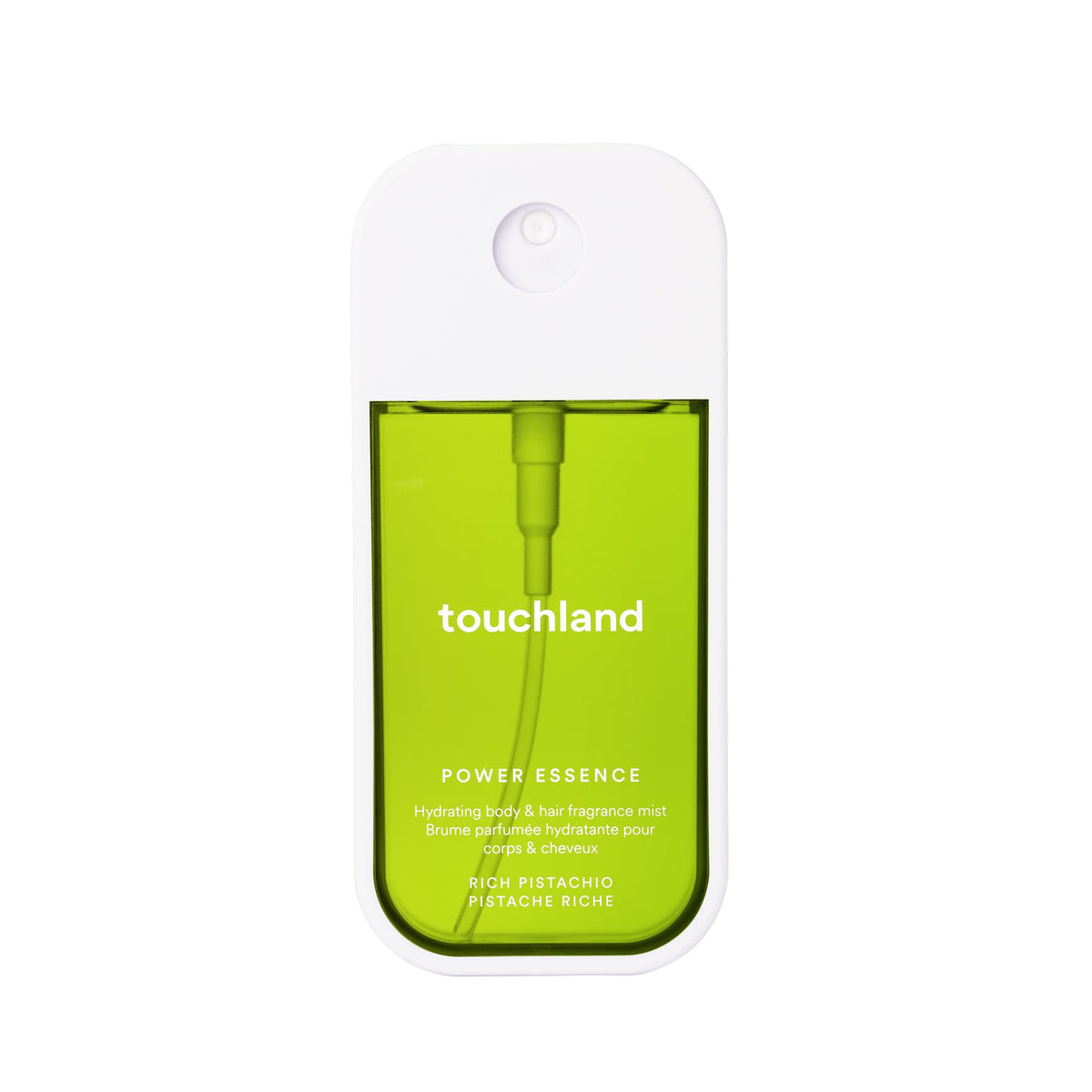 Touchland Rich Pistachio mist bottle shows portable hydration for skin and hair.