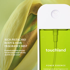 Touchland Rich Pistachio spritz for quick refreshment on skin and hair.