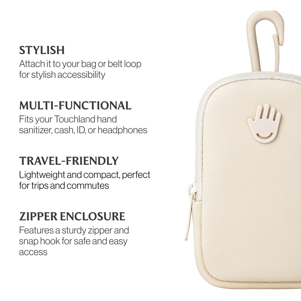 Travel-ready Touchland Touchette pouch stores sanitizer and essentials.