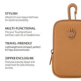 Touchland Touchette caramel pouch holds sanitizer and essentials for everyday carry.
