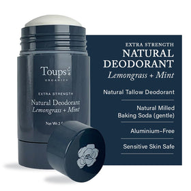 Toups & Co lemon grass mint deodorant bottle shows natural ingredients and long-lasting freshness.