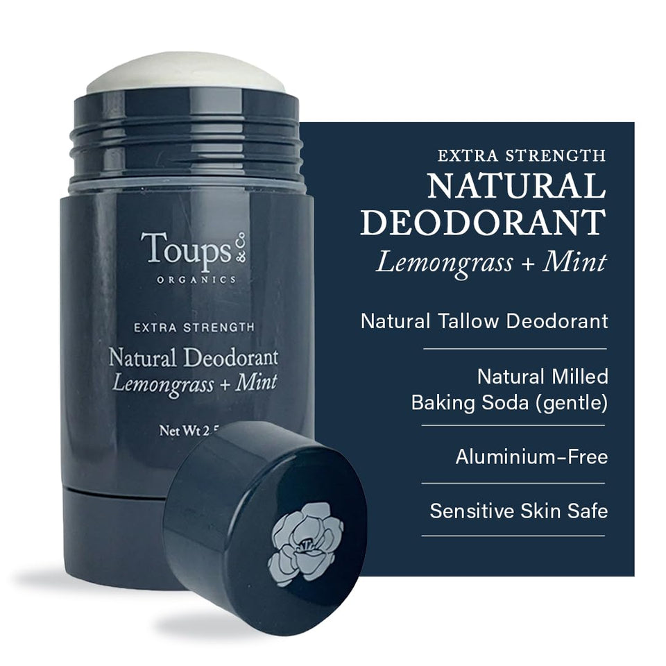 Toups & Co lemon grass mint deodorant bottle shows natural ingredients and long-lasting freshness.
