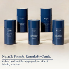 Toups & Co deodorant application—gentle swipe for underarms and balanced baking soda.