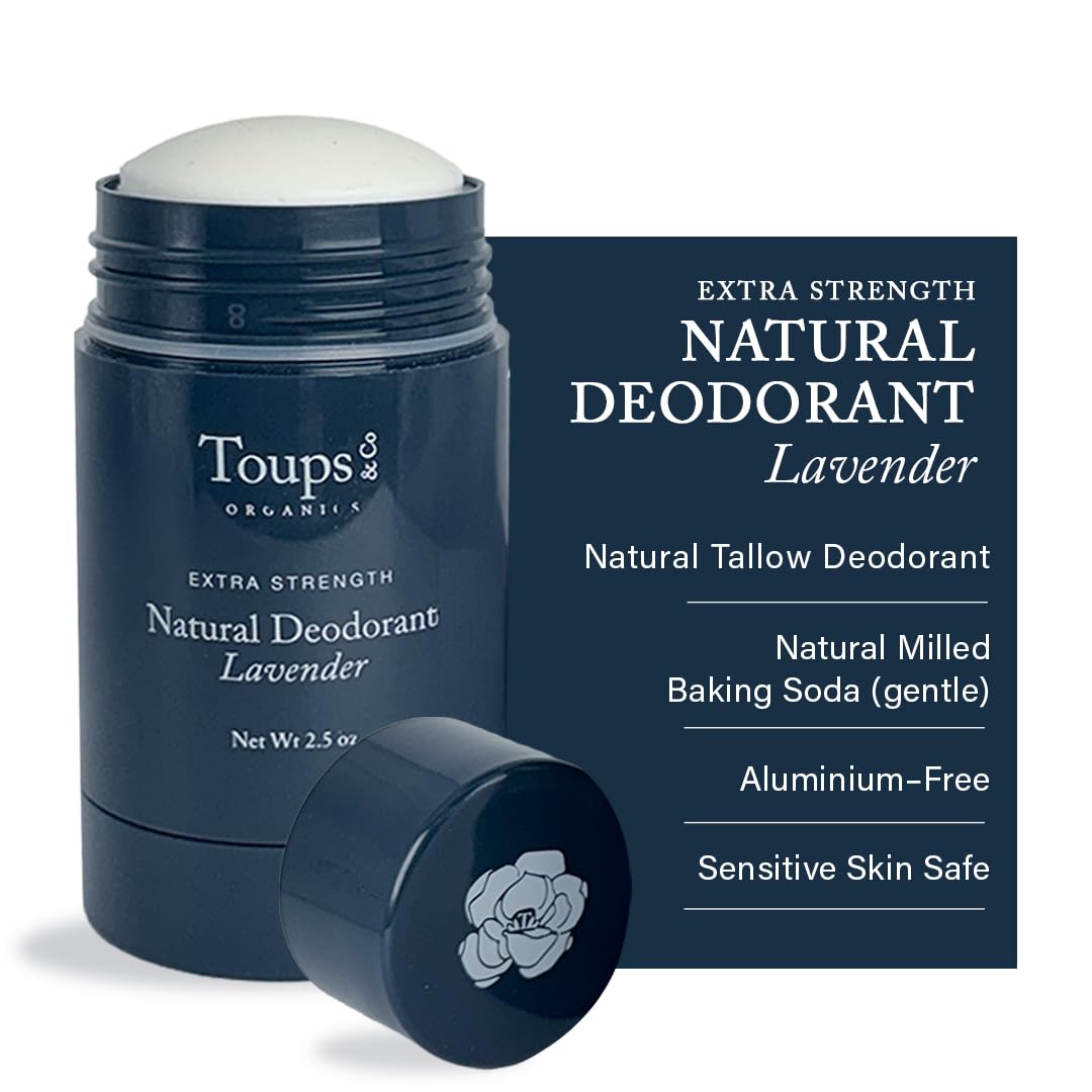 Toups & Co Lavender deodorant bottle showing aluminum-free odor protection for daily wear