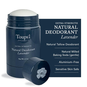 Toups & Co Lavender deodorant bottle showing aluminum-free odor protection for daily wear