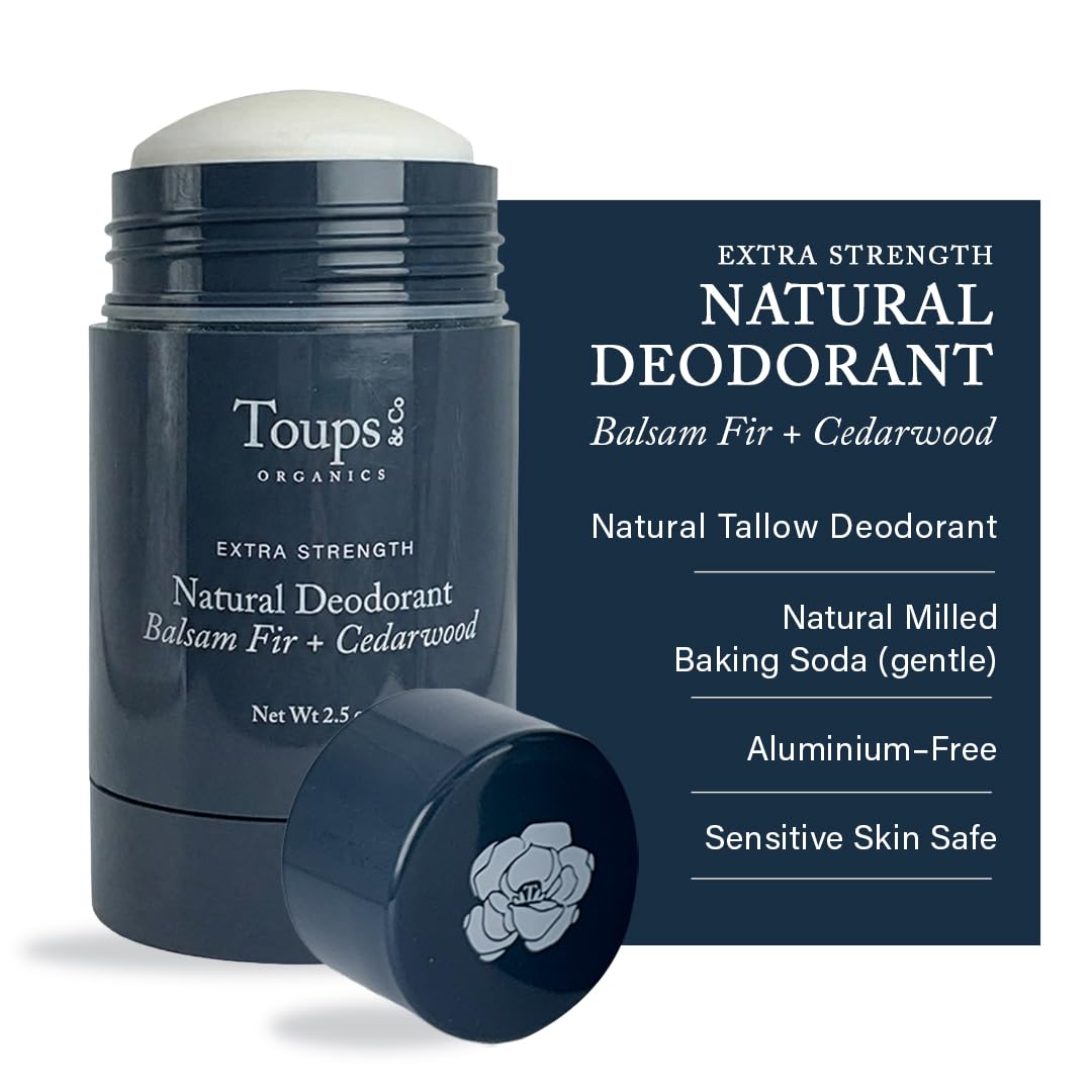 Toups and Co deodorant balsam fir cedarwood packaging, ideal for travel and on-the-go freshness.