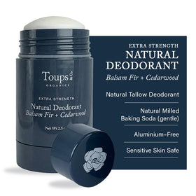 Toups and Co deodorant balsam fir cedarwood packaging, ideal for travel and on-the-go freshness.