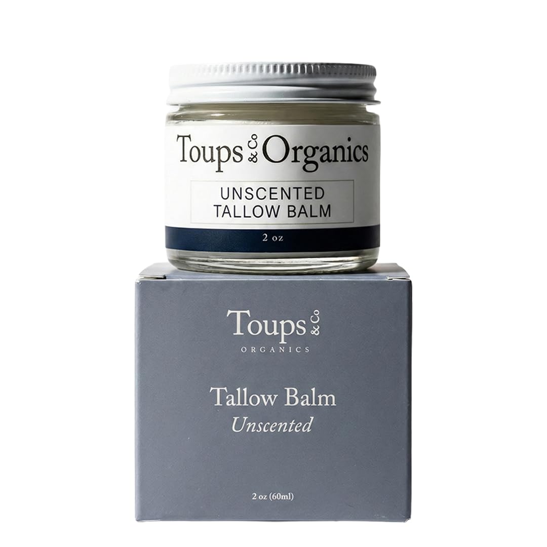 Toups and Co unscented tallow balm in a glass jar, fragrance-free skincare.