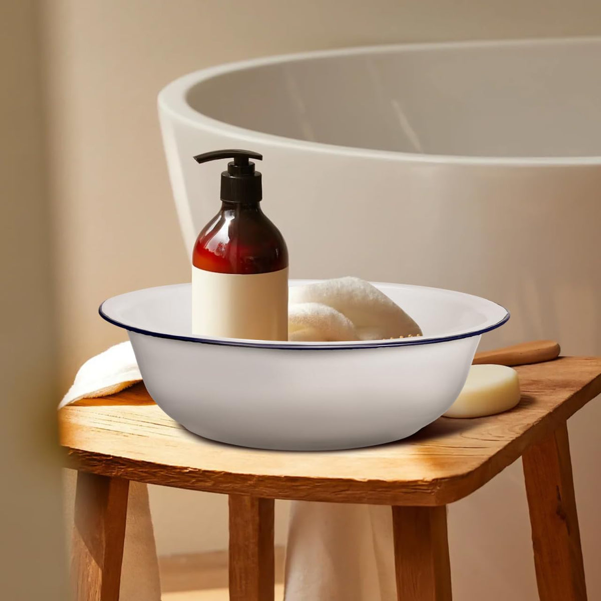 TOVINANNA enamel basin white finish with blue rim adds rustic charm
