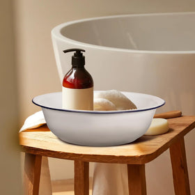 TOVINANNA enamel basin white finish with blue rim adds rustic charm