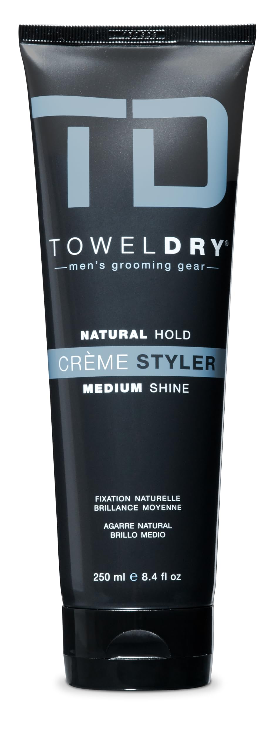 Towel Dry Creme Styler bottle showing natural hold and medium shine for easy grooming