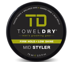 Towel Dry Mid Styler jar showing firm hold and matte finish for versatile grooming.