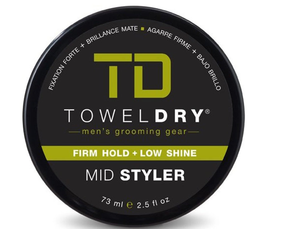 Towel Dry Mid Styler jar showing firm hold and matte finish for versatile grooming.