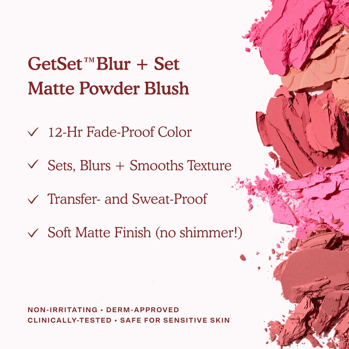 Swatch of Tower 28 GetSet Matte Powder Blush Malibu Cooler on cheek