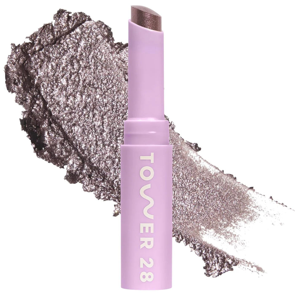 Tower 28 GoGo Cooling Shimmer Eyeshadow Stick swatch shows Viper’s cool mauve sparkle