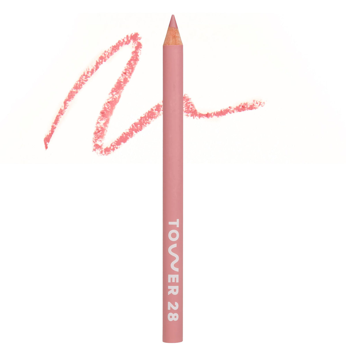 Tower 28 OneLiner Rosy Nude swatches show creamy, blendable color for lips and eyes.