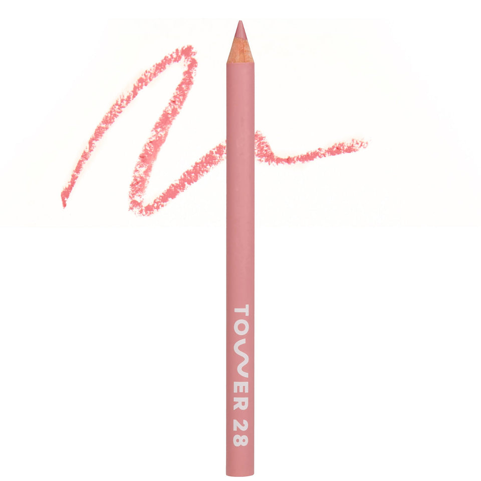 Tower 28 OneLiner Rosy Nude swatches show creamy, blendable color for lips and eyes.