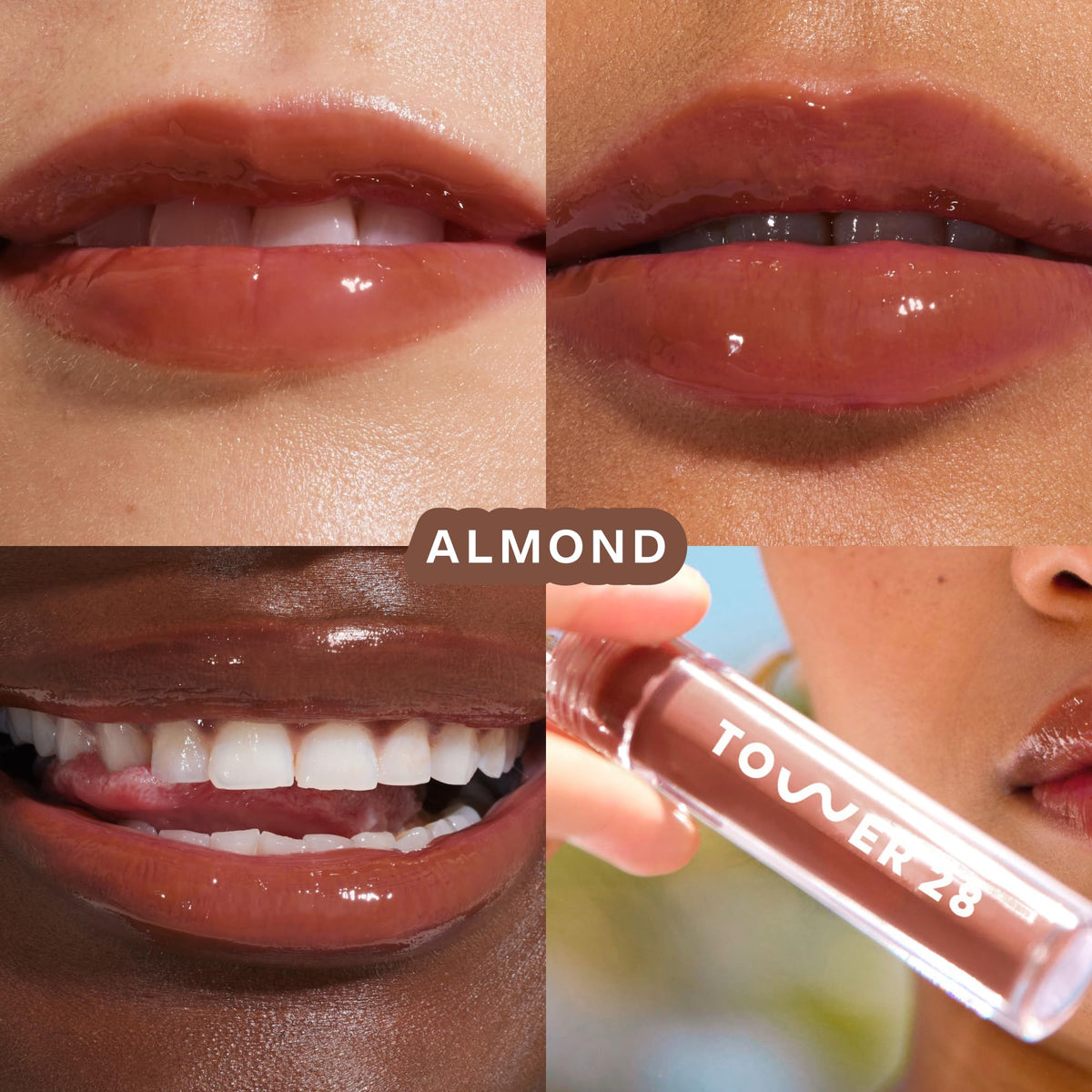 Tower 28 ShineOn Lip Gloss Jelly chocolate application providing rich, non-sticky shine.