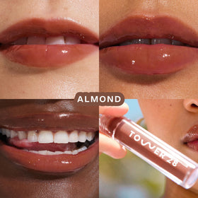 Tower 28 ShineOn Lip Gloss Jelly chocolate application providing rich, non-sticky shine.