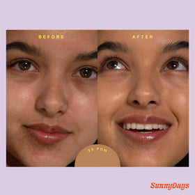 Tower 28 SunnyDays swatch reveals medium coverage with yellow undertones for warm skin tones.