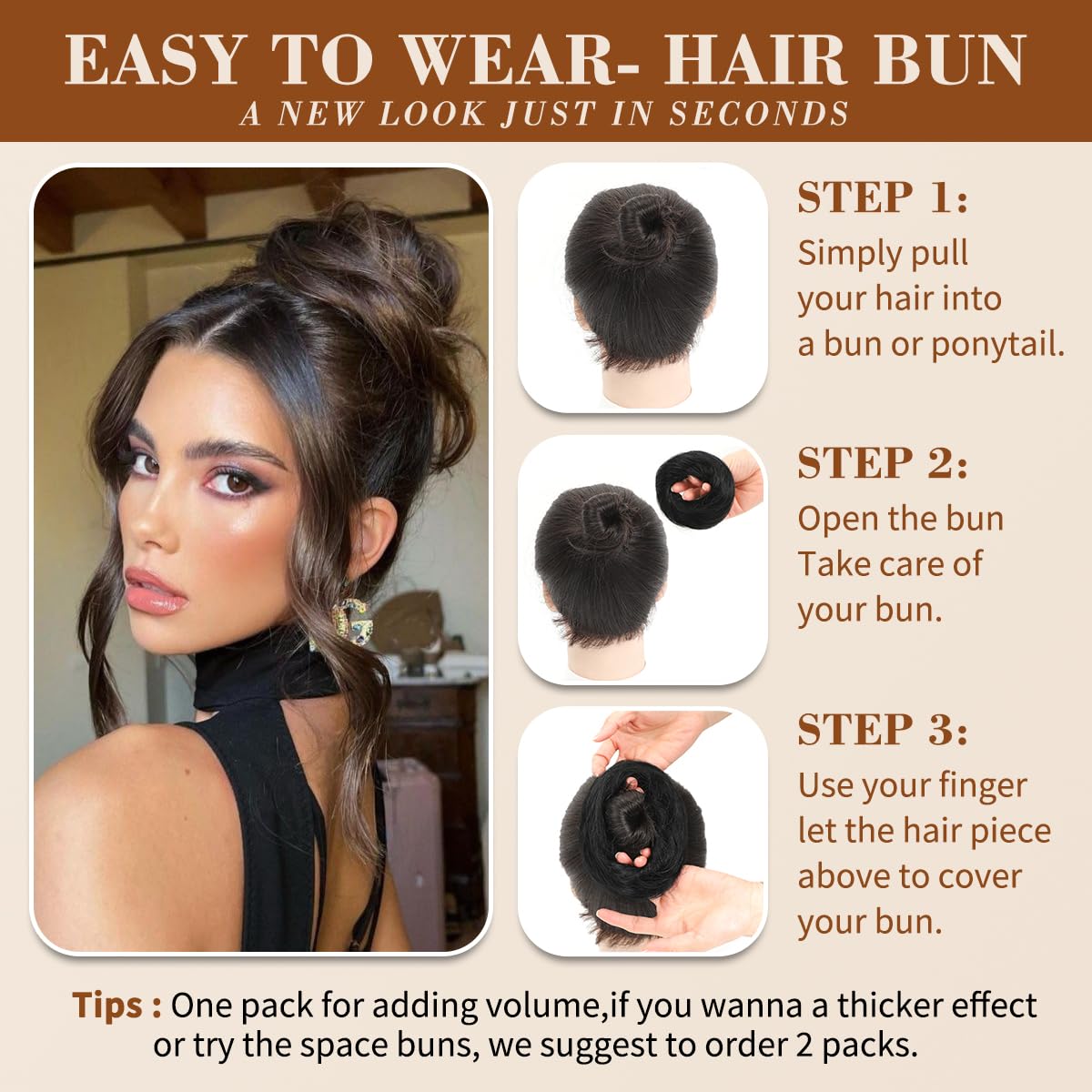 Tozoie bun-on-model displays natural blend and tousled finish in real life
