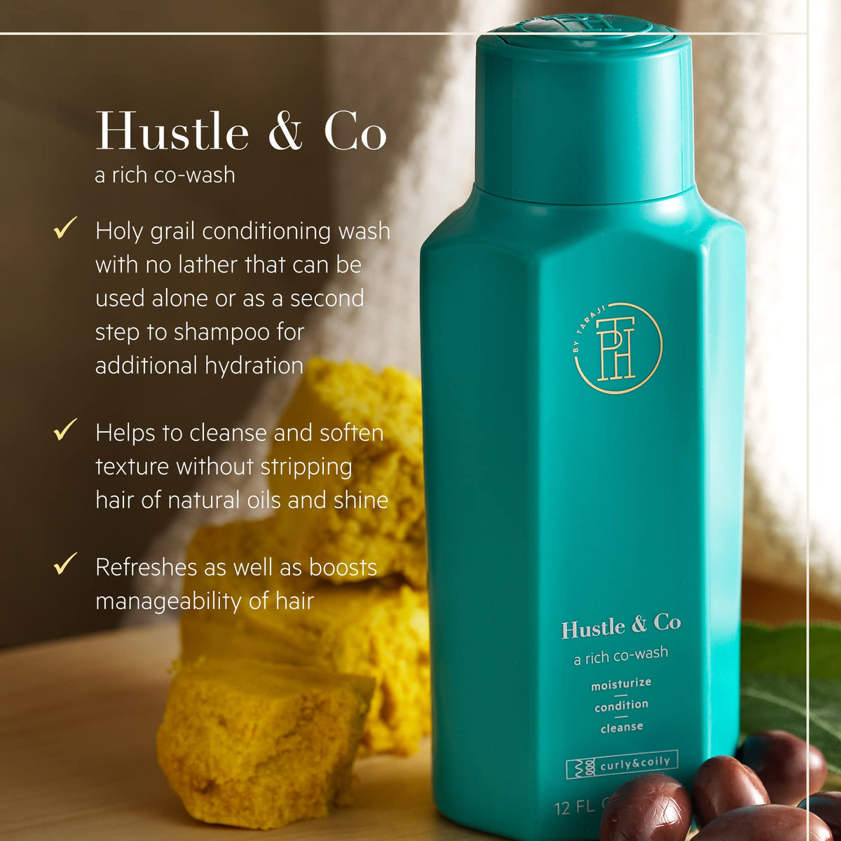 TPH by Taraji Hustle & Co Co-Wash with olive oil and shea butter nourishes strands.