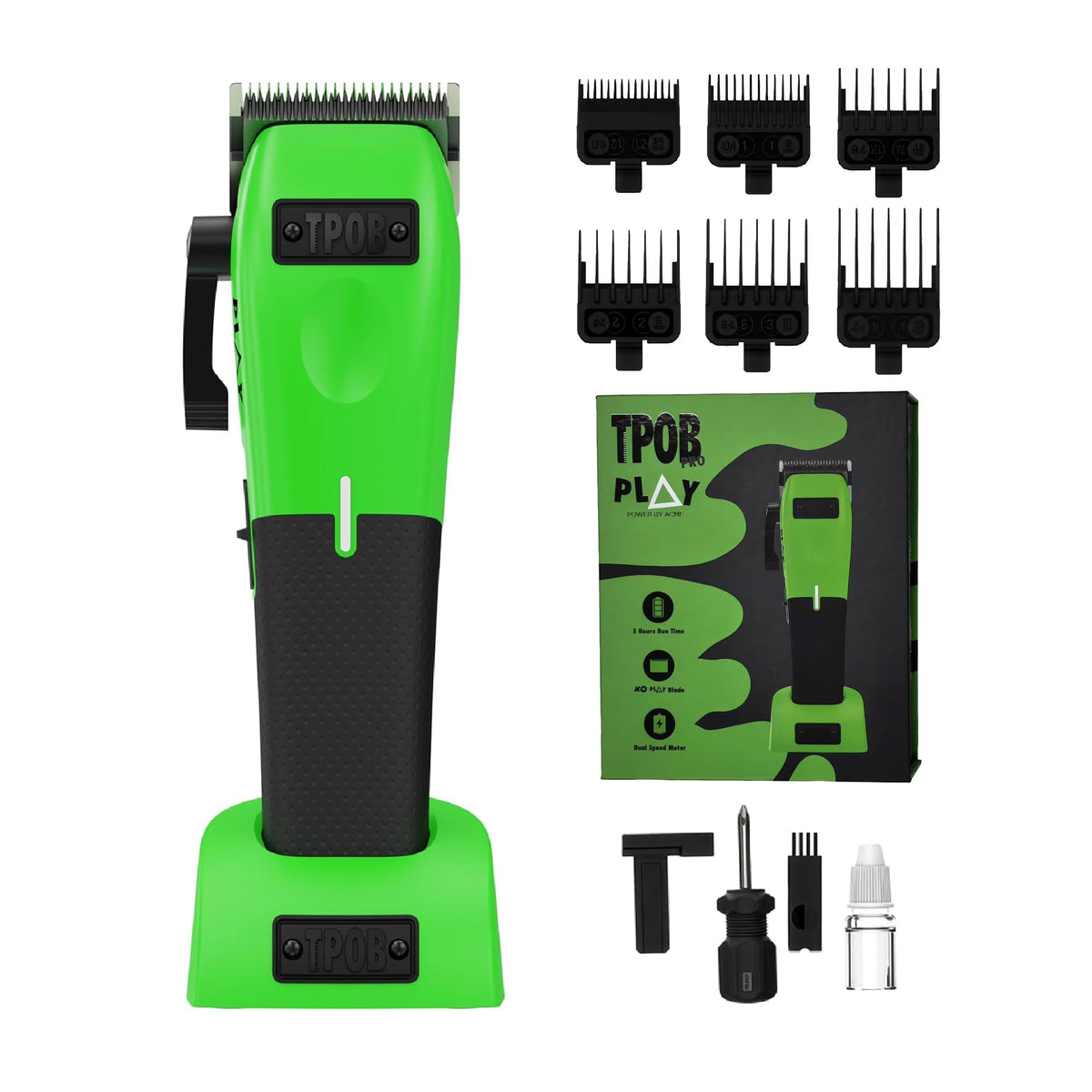 TPOB Play barber clippers with green rubber grips for precise control.