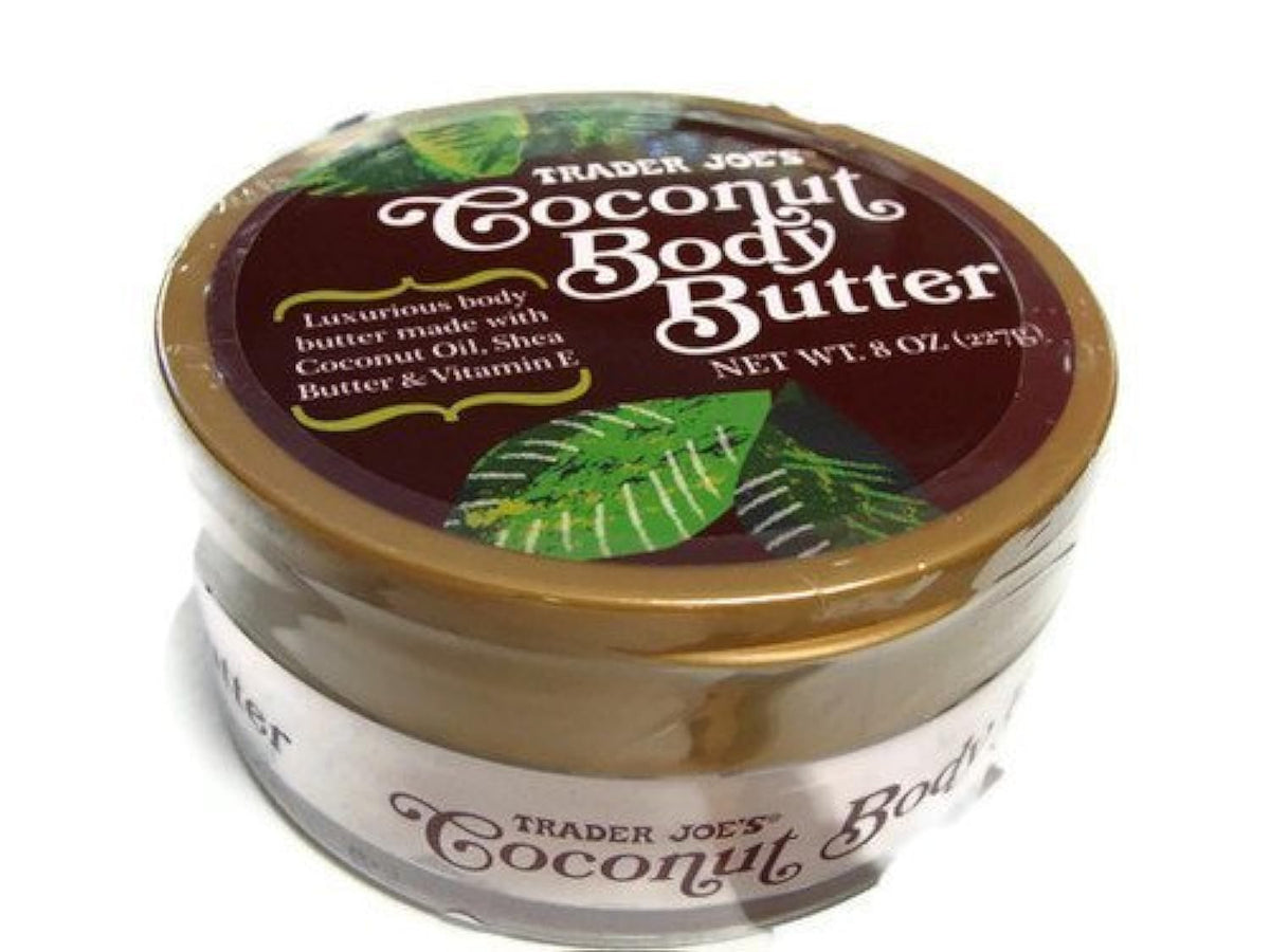 Trader Joe's Coconut Body Butter close-up of the 8 oz tub showing rich cream for silky skin