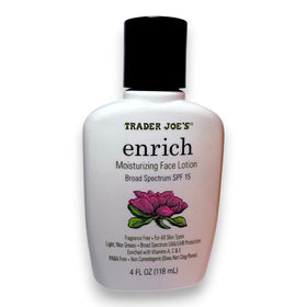 Trader Joe's Enrich face lotion bottle front view with SPF 15 hydration